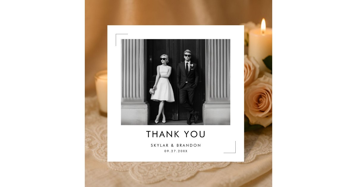 Modern Black and White Wedding Photo Square Thank You Card | Zazzle