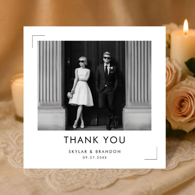 Modern Black and White Wedding Photo Square Thank You Card | Zazzle