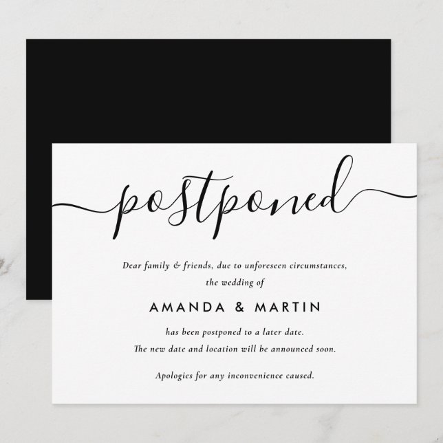 Modern Black and White Wedding Postponement Announcement (Front/Back)