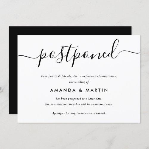 Modern Black and White Wedding Postponement Announcement