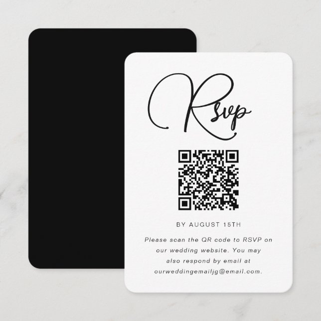 Modern Black and White Wedding RSVP with QR Code Card (Front/Back)