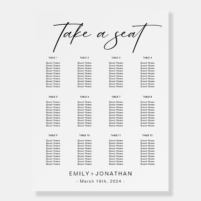 Modern Black and White  Wedding Seating Charts  Foam Board (Front)