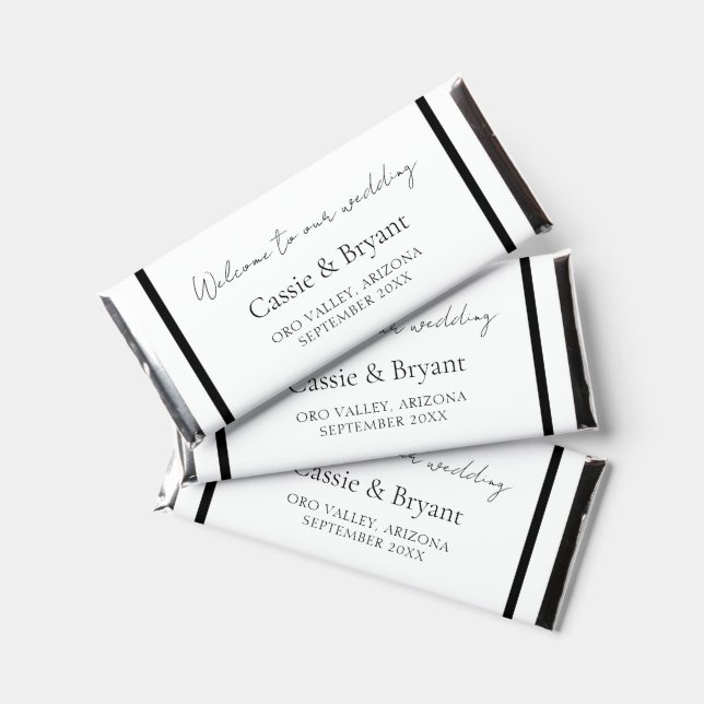 Modern Black and White Wedding Welcome Basket Hershey Bar Favors (Front)