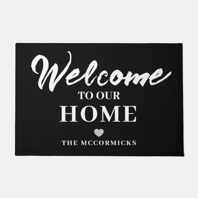 Modern Black And White Welcome Script Family Name Doormat (Front)