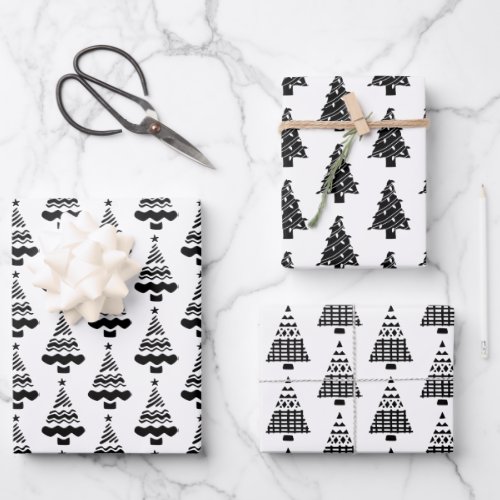 Modern Black and White Whimsical Christmas Trees Wrapping Paper Sheets