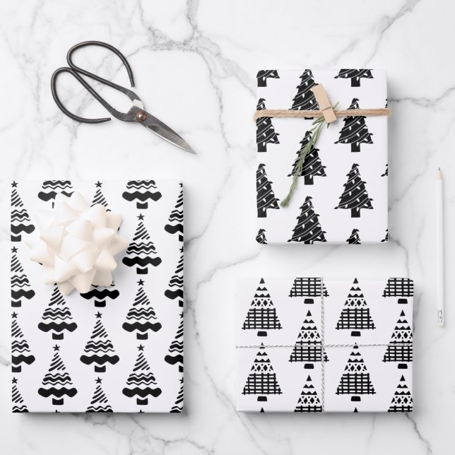 Modern Black and White Whimsical Christmas Trees Wrapping Paper Sheets (Front)