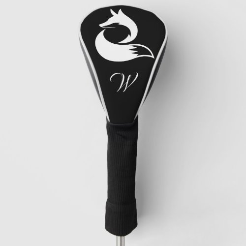 Modern Black and White Wild Fox Monogram Initial  Golf Head Cover