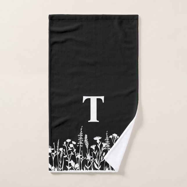Modern Black and White Wildflowers Floral Custom   Hand Towel (Hand Towel)