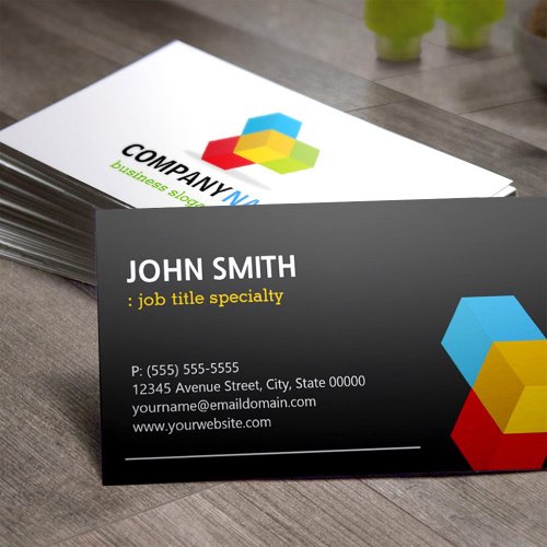Modern Black and White with Colorful 3D Cube Logo Business Card