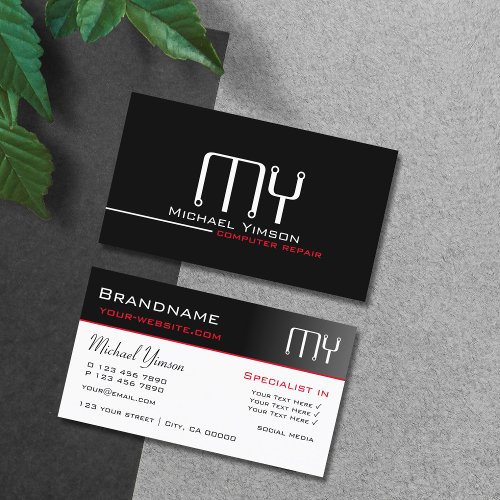 Modern Black and White with Initials Professional Business Card