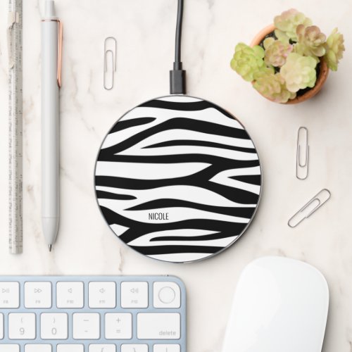 Modern Black and White Zebra Print Personalized Wireless Charger