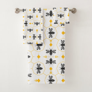 Modern Black and Yellow Bee Pattern Monogram Bath Towel Set