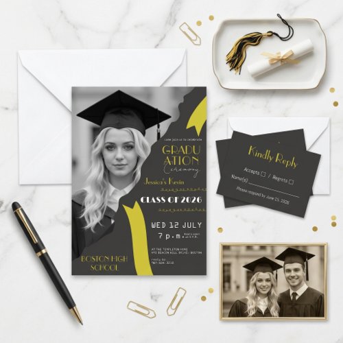  Modern Black and Yellow High School Graduation  Invitation