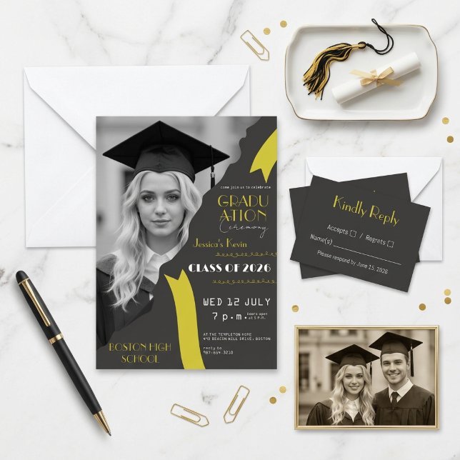 🎓 Modern Black and Yellow High School Graduation  Invitation (Creator Uploaded)