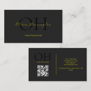 Modern Black and Yellow Script QR Code Monogram Business Card