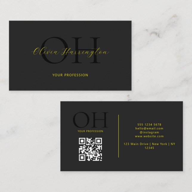 Modern Black and Yellow Script QR Code Monogram Business Card (Front/Back)