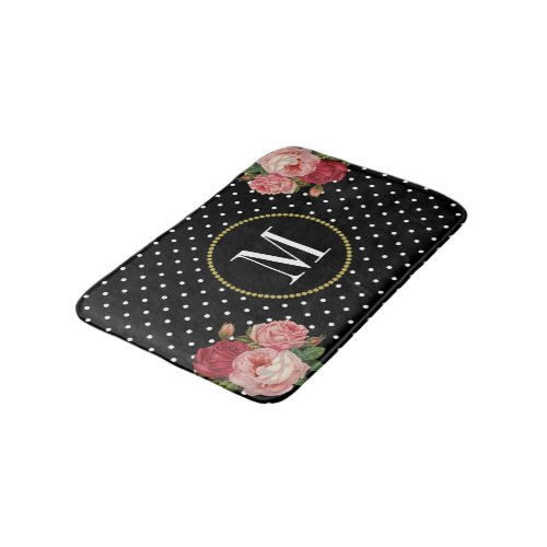 Modern Black Antique Floral Polka Dots Monogram Bathroom Mat