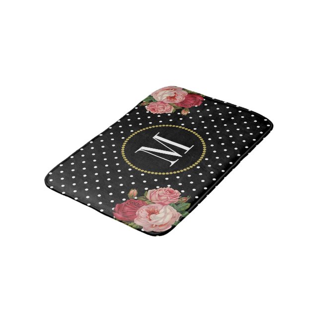 Modern Black Antique Floral Polka Dots Monogram Bathroom Mat (Angled)