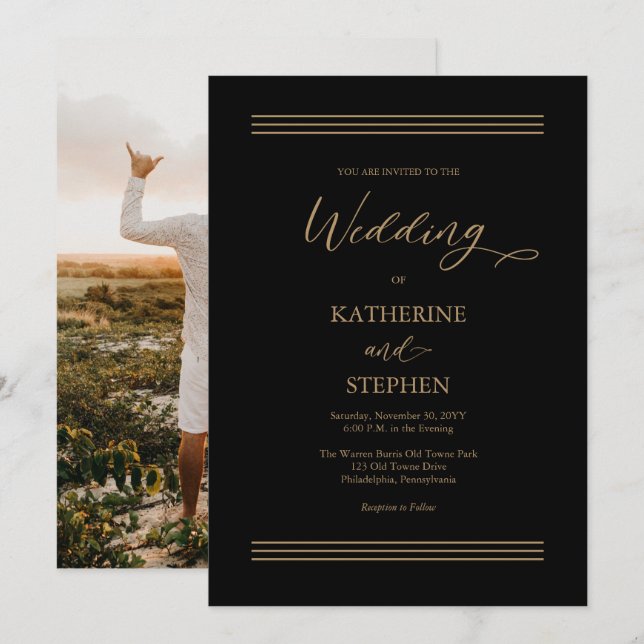 Modern Black | Antique Gold Minimalist Wedding Invitation (Front/Back)