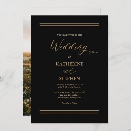 Modern Black  Antique Gold Minimalist Wedding Invitation