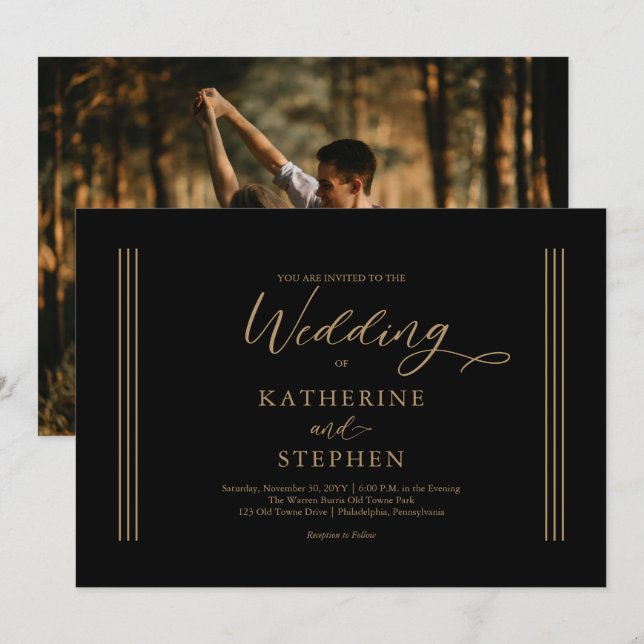 Modern Black } Antique Gold Minimalist Wedding Invitation (Front/Back)
