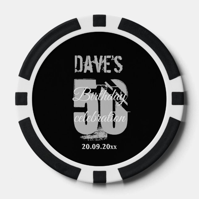 Modern Black Any Age 50 Birthday Party Favor Poker Chips (Front)