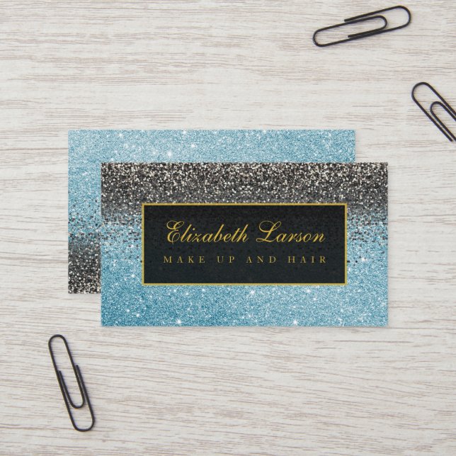 Modern Black Aqua Blue Glitter Beauty Makeup Business Card (Front/Back In Situ)