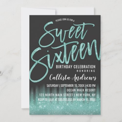 Modern Black Aqua Glitter Typography Sweet 16 Invitation