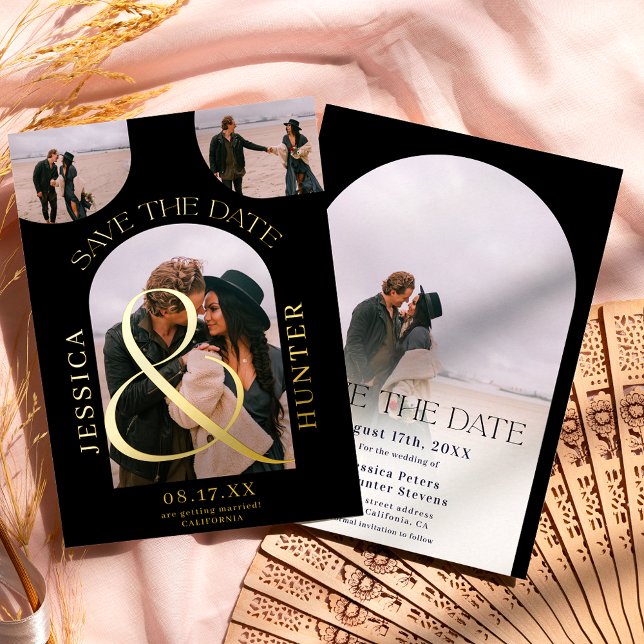 Modern black arch 4 photos wedding save the date foil invitation (Creator Uploaded)