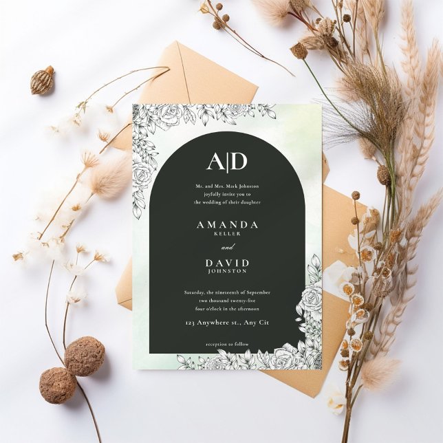 Modern Black Arch Floral Wedding Invitation (Creator Uploaded)