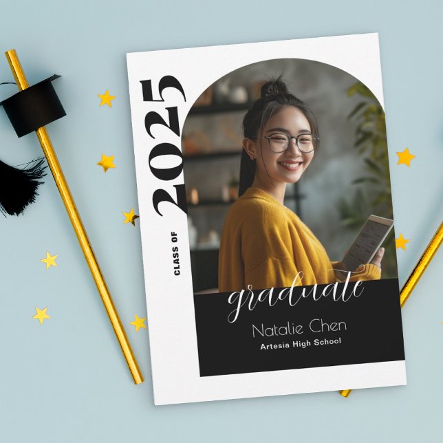 Modern Black Arch Photo Graduation  Announcement (Creator Uploaded)
