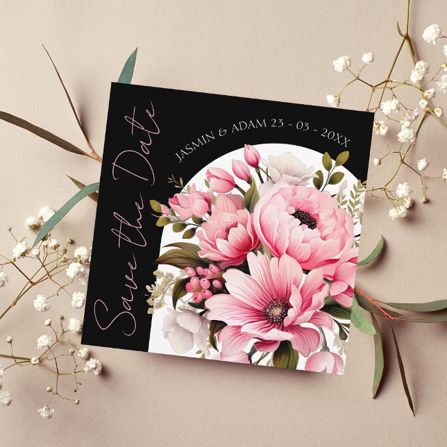 Modern Black Arch Pink Floral Save the Date (Creator Uploaded)
