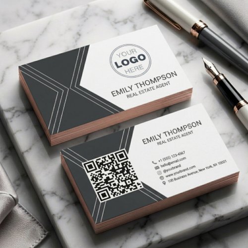 Modern Black Art Deco QR Code Real Estate Logo Business Card