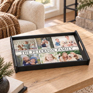 Modern Black Banner Family Name Photo Collage Serving Tray