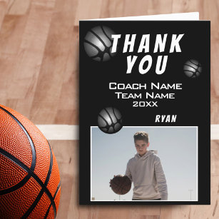 Modern Black Basketball Ball Photo Coach  Thank You Card