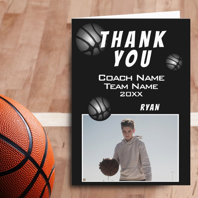 Modern Black Basketball Ball Photo Coach  Thank You Card (Creator Uploaded)
