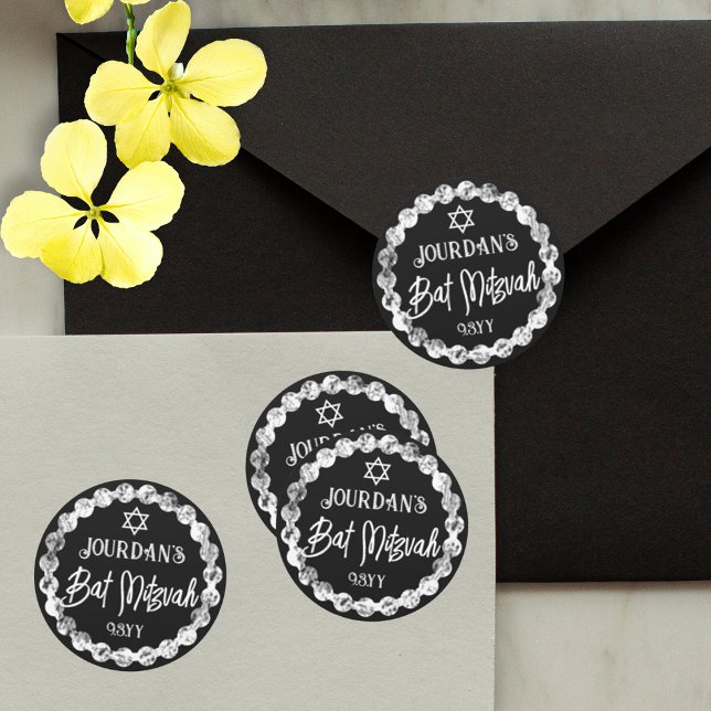 Modern Black Bat Mitzvah Envelope Seal (black and white party favor stickers, round bat mitzvah envelope seals and labels)