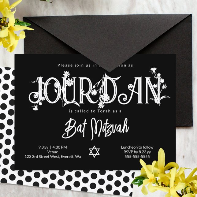 Modern Black Bat Mitzvah Wild Flower Invitation (black and white polka dot floral bat mitzvah party invitations)