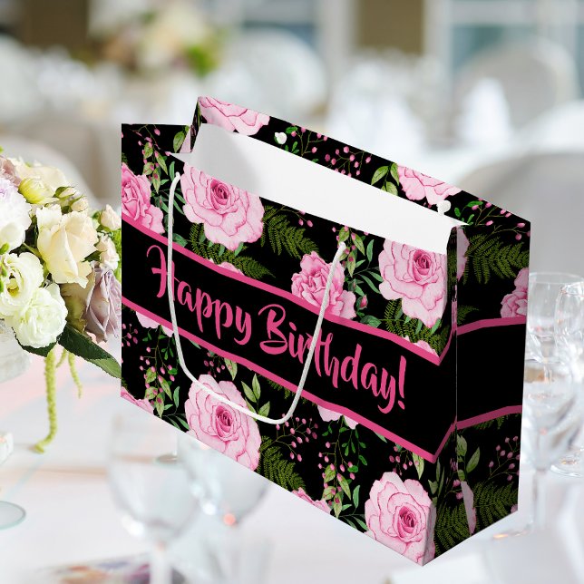 Modern Black Beautiful Pink Roses Happy Birthday Large Gift Bag (Creator Uploaded)