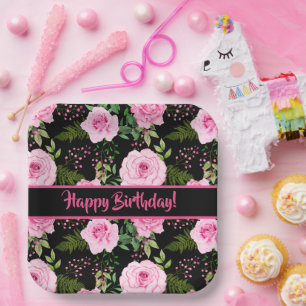 Modern Black Beautiful Pink Roses Happy Birthday Paper Plates