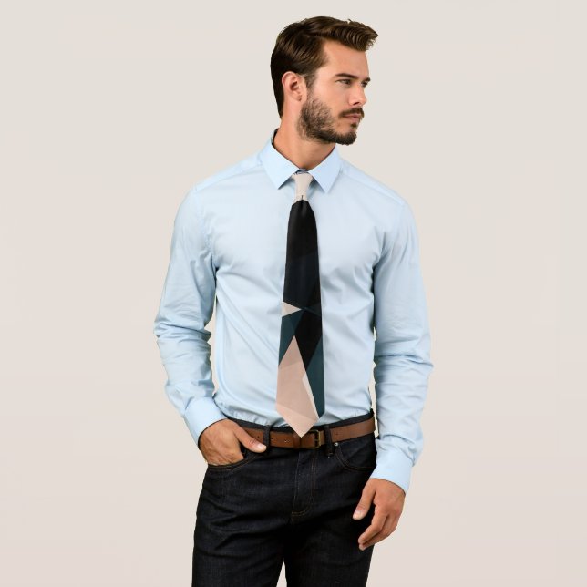 Modern Black Beige Geometric Abstract Pattern Neck Tie (In Situ)