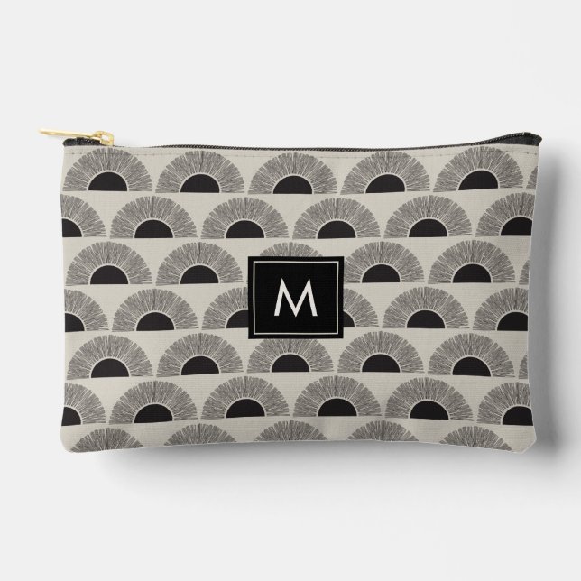 Modern Black & Beige Sunset Abstract Art Monogram Accessory Pouch (Front)