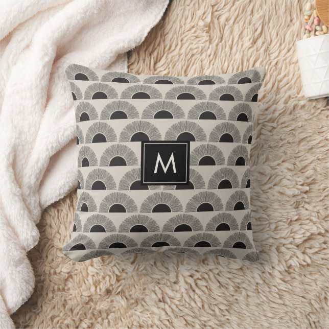 Modern Black & Beige Sunset Abstract Art Monogram Throw Pillow (Blanket)