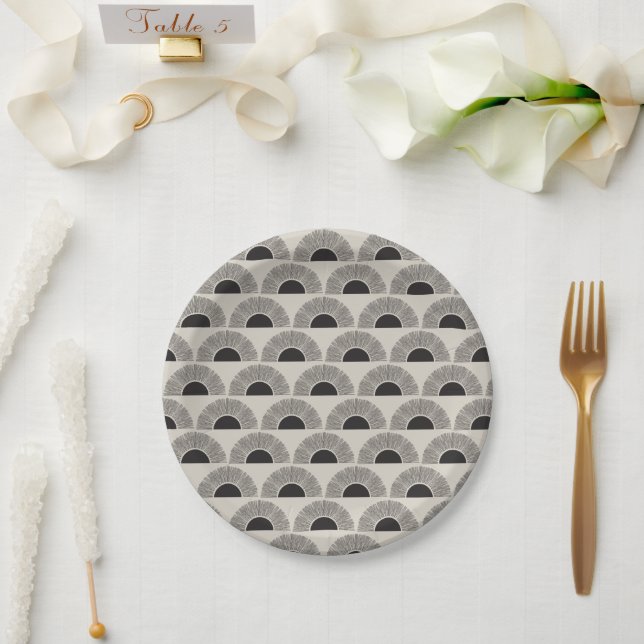 Modern Black & Beige Sunset Abstract Art Pattern Paper Plates (Wedding)