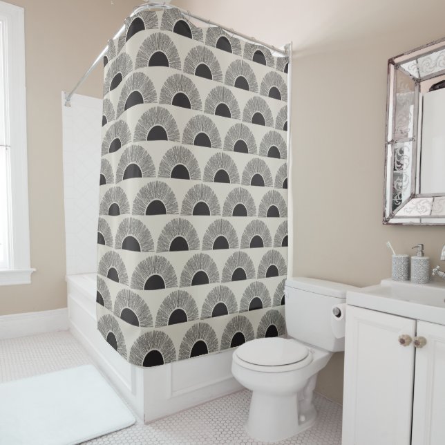 Modern Black & Beige Sunset Abstract Art Pattern Shower Curtain (In Situ)