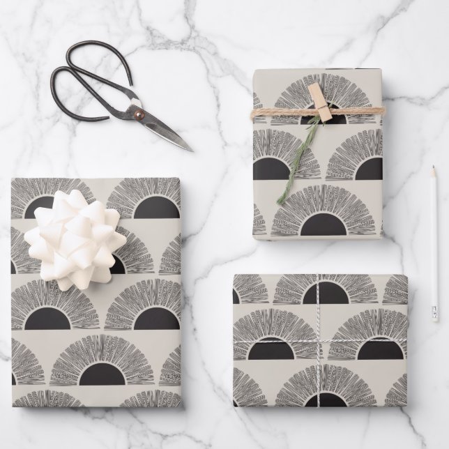 Modern Black & Beige Sunset Abstract Art Pattern Wrapping Paper Sheets (Front)