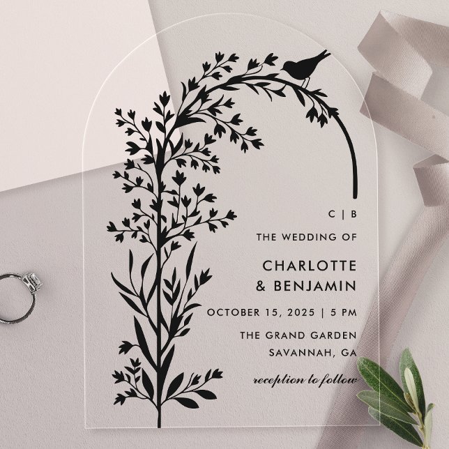 Modern Black Bird and Branch Wedding Acrylic Invitations (Creator Uploaded)