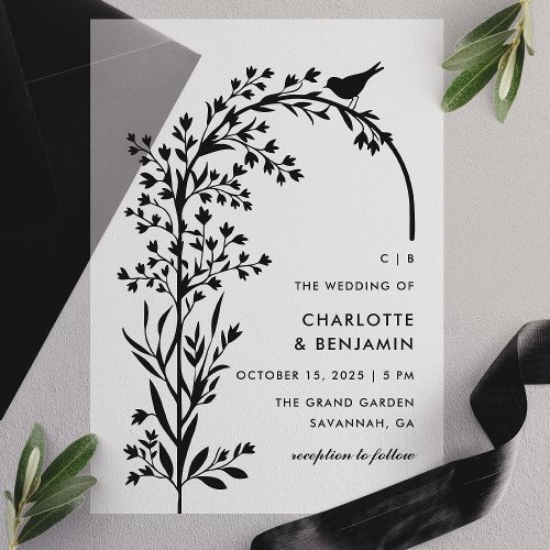 Modern Black Bird And Branch Wedding Vellum Invitations