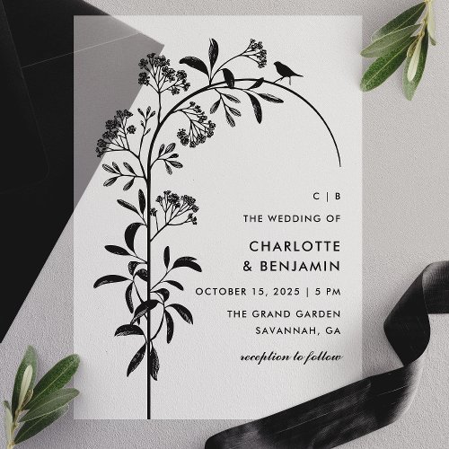 Modern Black Bird Botanical Arch Wedding Vellum Invitations