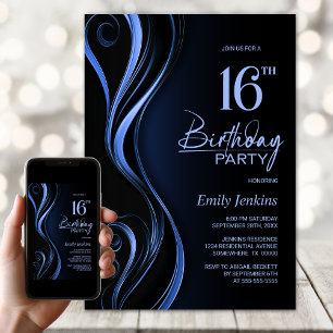 Modern Black Blue 16th Birthday Party Invitation